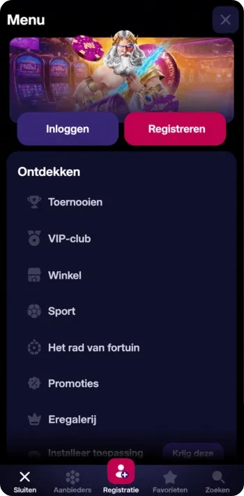 Het menu waarmee spelers bij NV Casino toegang krijgen tot toernooien, de VIP-club en promoties.