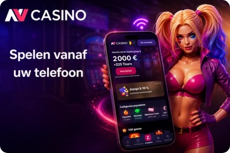 Het startscherm van de applicatie die spelers bij NV Casino op hun telefoon gebruiken.