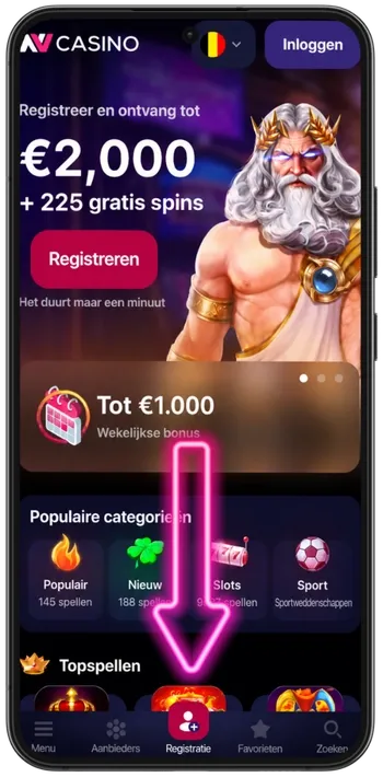 De startknop waarmee bezoekers de registratie bij NV Casino in gang zetten.