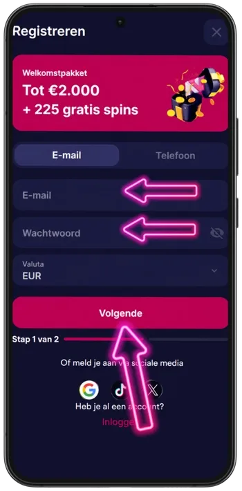 Het invulveld waarin nieuwe spelers hun e-mailadres en wachtwoord opgeven bij NV Casino.