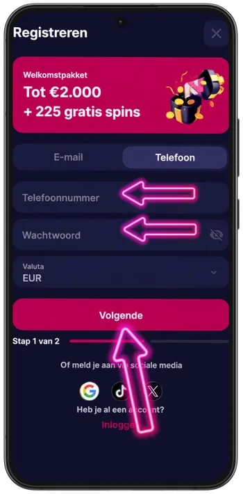 Het alternatieve aanmeldscherm waarmee spelers met hun telefoonnummer bij NV Casino registreren.