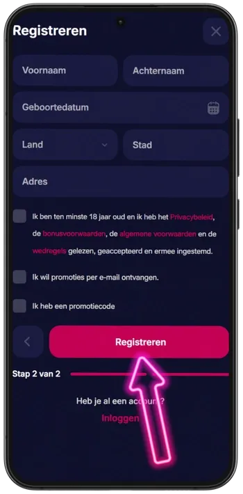 Het laatste formulier waarmee de registratie bij NV Casino wordt afgerond met persoonlijke gegevens.