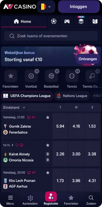 Het sportgedeelte met live quoteringen waarop bezoekers bij NV Casino kunnen wedden.