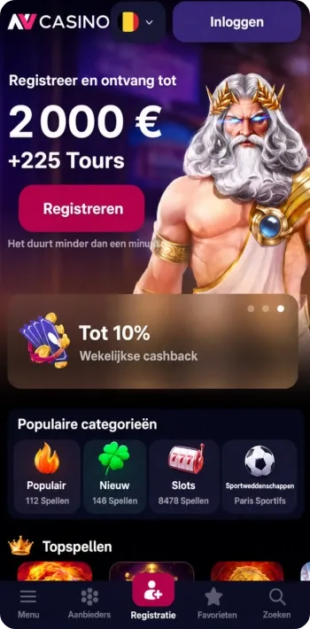 Het welkomstscherm met de aanmeldbonus en wekelijkse cashback bij NV Casino.